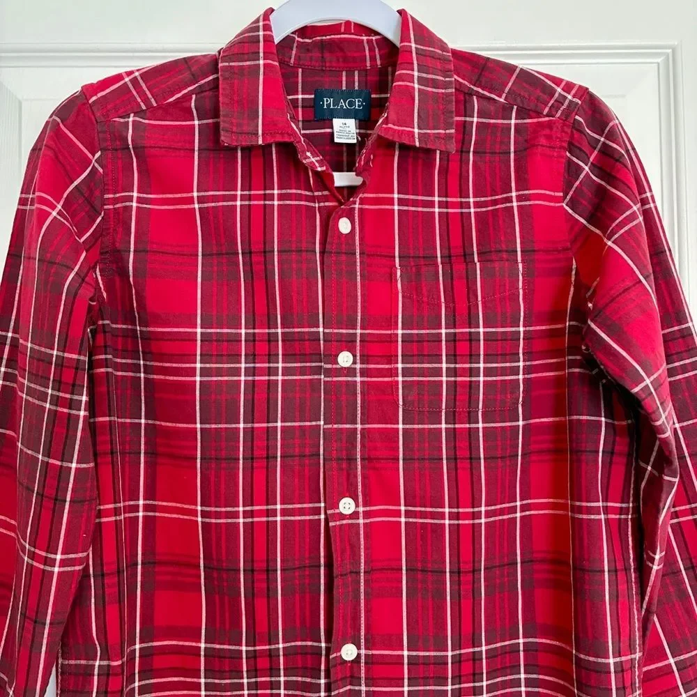 The Children’s Place Boys Red Plaid Buttoned Boy’s Shirt Size 14 XL Long Sleeve